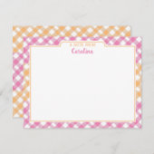 ピンクと黄色のオレンジ色の名門私立校風のギンガム文房具 ノートカード (正面/裏面)