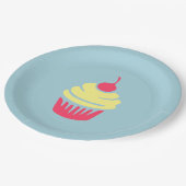 ピンクと黄色のカップケーキとさくらんぼを上に ペーパープレート (アングル)