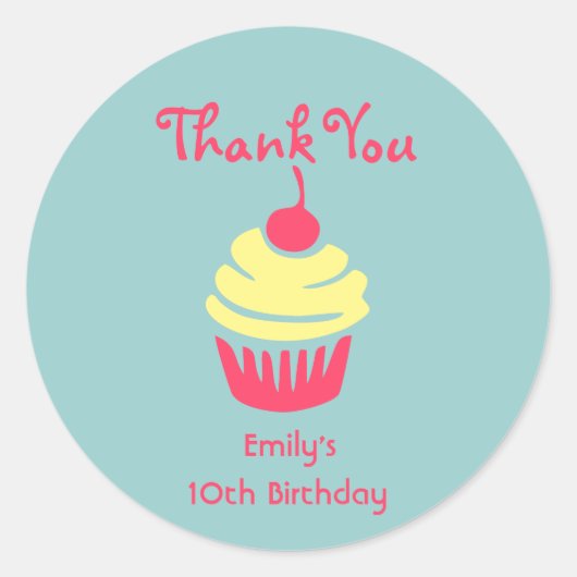 ピンクと黄色のカップケーキ誕生日ありがとう ラウンドシール (正面)