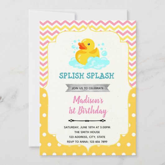 ピンクと黄色のゴム製のあひるの招待状 招待状 (正面)