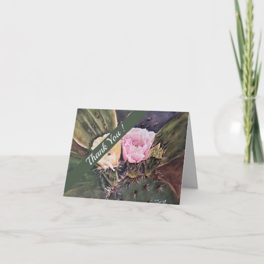ピンクと黄色のサボテンの水色フローラ サンキューカード (正面)