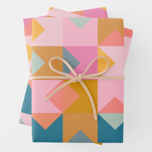 ピンクと黄色のティール(緑がかった色)の可愛い幾何学模様 ラッピングペーパーシート (インサイチュ)