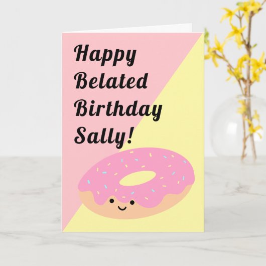 ピンクと黄色のドーナツ |折り畳みハッピーバースデー カード (黄色い花)