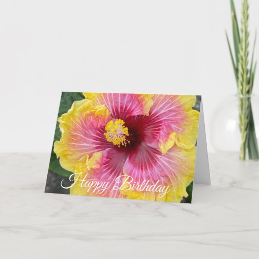 ピンクと黄色のハイビスカスの花の誕生日おめでとう カード (正面)