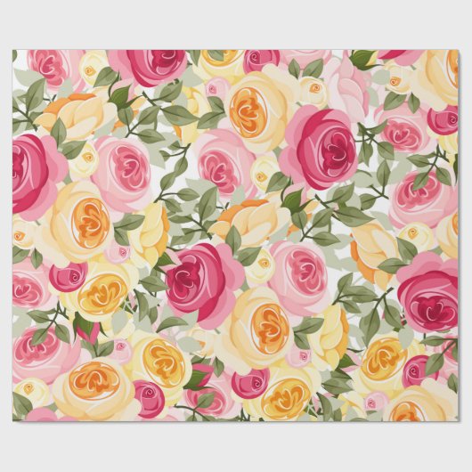 ピンクと黄色のバラのファームハウス シャビー シック フラワーズ ラッピングペーパー (フラット)