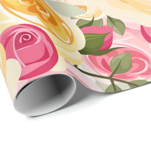 ピンクと黄色のバラのファームハウス シャビー シック フラワーズ ラッピングペーパー (ロールコーナー)