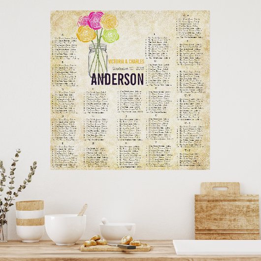 ピンクと黄色のバラのヴィンテージメイソンの瓶のシーティングチャート ポスター (キッチン)