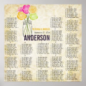 ピンクと黄色のバラのヴィンテージメイソンの瓶のシーティングチャート ポスター (正面)