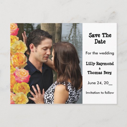 ピンクと黄色のバラの日付を保存 案内ポストカード (正面)