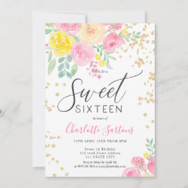 ピンクと黄色のバラの花のゴールドスクリプト スイート16 招待状