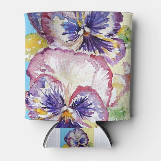 ピンクと黄色のパンジー水の色のパタ淡い色のーン 缶クーラー (正面)