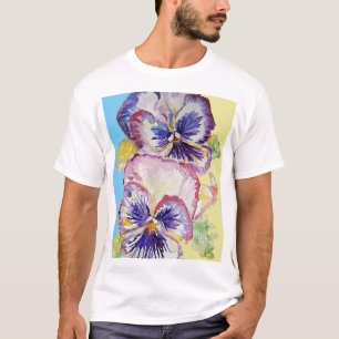 ピンクと黄色のパンジー水彩パタ淡い色のーン Tシャツ
