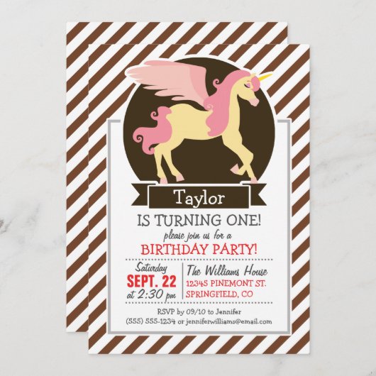 ピンクと黄色のファンタジーユニコーン;茶色の白ストライプ色 招待状 (正面/裏面)