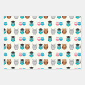 ピンクと黄色のフクロウテーマギフトラッピング紙 ラッピングペーパーシート (正面3)