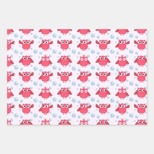 ピンクと黄色のフクロウテーマギフトラッピング紙 ラッピングペーパーシート (正面)