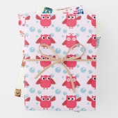 ピンクと黄色のフクロウテーマギフトラッピング紙 ラッピングペーパーシート (インサイチュ)