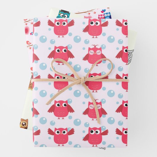 ピンクと黄色のフクロウテーマギフトラッピング紙 ラッピングペーパーシート (インサイチュ)