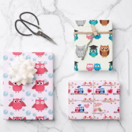 ピンクと黄色のフクロウテーマギフトラッピング紙 ラッピングペーパーシート