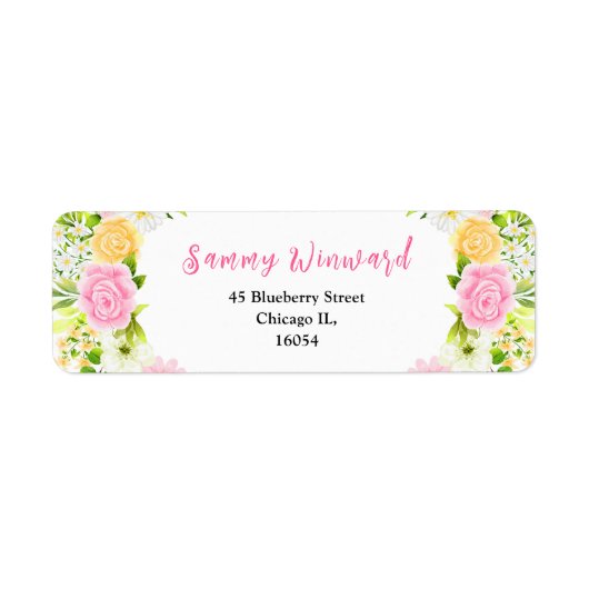 ピンクと黄色のフローラと葉のブライダルシャワー ラベル (正面)