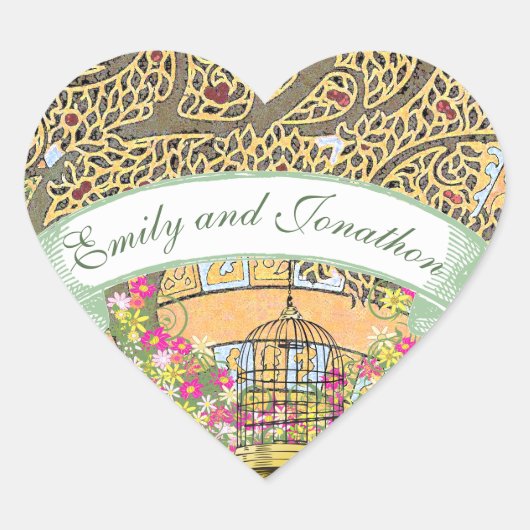 ピンクと黄色のフローラオーク結婚の木のシール ハートシール (正面)