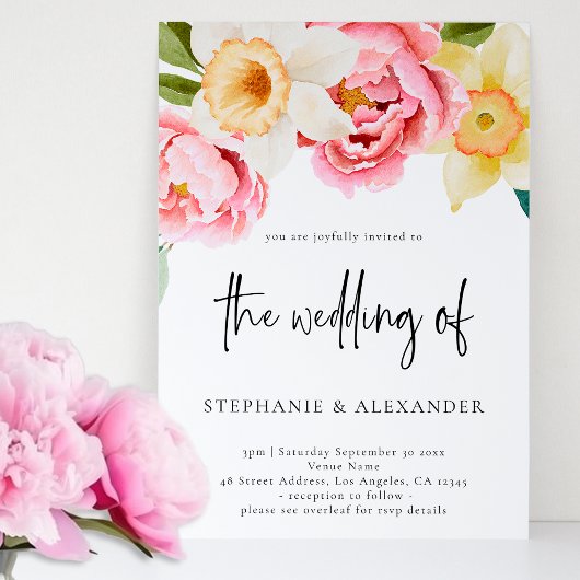 ピンクと黄色のフローラスクリプトQRコー結婚ド 招待状