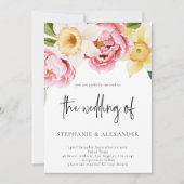 ピンクと黄色のフローラスクリプトQRコー結婚ド 招待状 (正面)