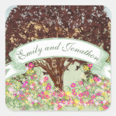 ピンクと黄色のフローラブラウンオーク結婚の木のシール スクエアシール (正面)