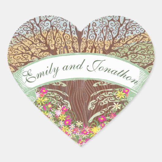 ピンクと黄色のフローラブラウンオーク結婚の木のシール ハートシール (正面)