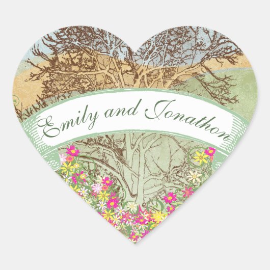 ピンクと黄色のフローラブラウンオーク結婚の木のシール ハートシール (正面)