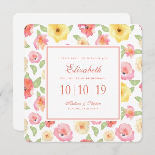 ピンクと黄色のフローラ水彩-ブライドメイド 招待状 (正面/裏面)