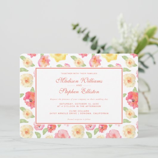 ピンクと黄色のフローラ水色-結婚の 招待状 (スタンド正面)