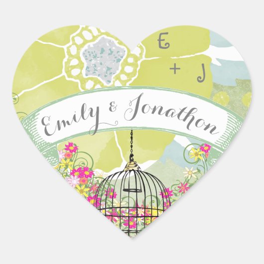 ピンクと黄色のフローラ結婚のシール ハートシール (正面)