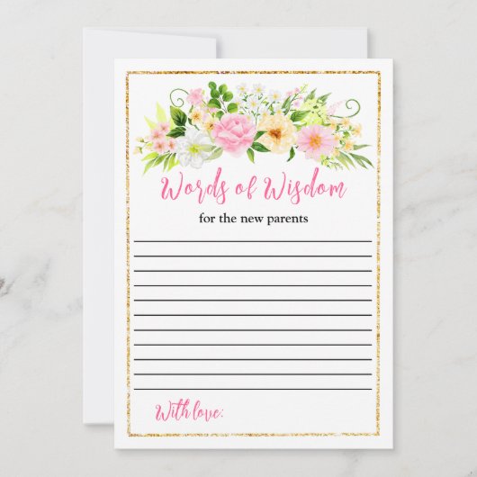ピンクと黄色のフローラ赤ちゃんシャワー知恵の言葉 招待状 (正面)