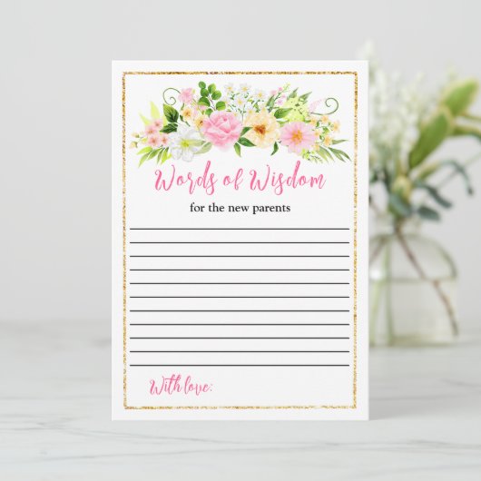 ピンクと黄色のフローラ赤ちゃんシャワー知恵の言葉 招待状 (スタンド正面)