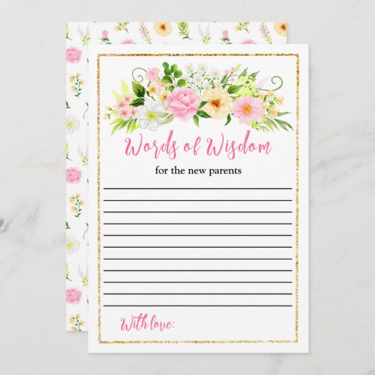 ピンクと黄色のフローラ赤ちゃんシャワー知恵の言葉 招待状 (正面/裏面)