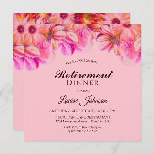 ピンクと黄色のフローラ退職夕食パーティー 招待状 (正面/裏面)