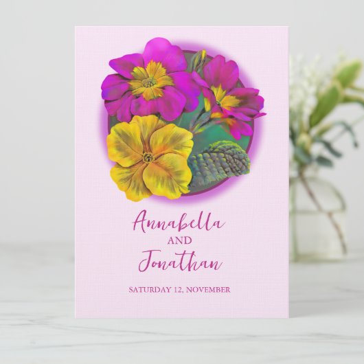 ピンクと黄色のプリムローズ春の結婚式招待状 招待状 (スタンド正面)