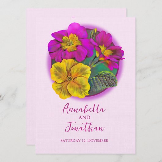 ピンクと黄色のプリムローズ春の結婚式招待状 招待状 (正面/裏面)