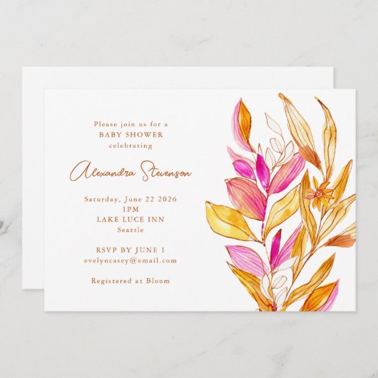 ピンクと黄色のミニマリストの植物性ベビーシャワー 招待状 (正面/裏面)