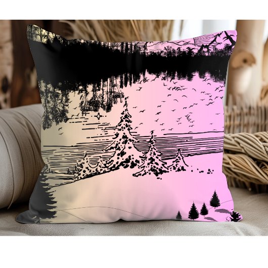 ピンクと黄色のラインアートパインツリーサンセット クッション