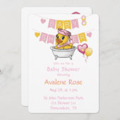 ピンクと黄色のラバーアヒル女の子ベビーシャワー 招待状 (正面/裏面)