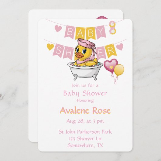 ピンクと黄色のラバーアヒル女の子ベビーシャワー 招待状 (正面/裏面)