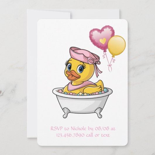 ピンクと黄色のラバーアヒル女の子ベビーシャワー 招待状 (裏面)