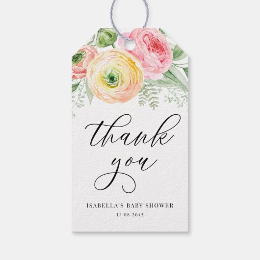 ピンクと黄色のランナキュラス赤ちゃんシャワーありがとう ギフトタグ (裏面)