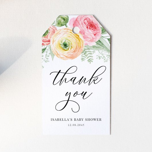ピンクと黄色のランナキュラス赤ちゃんシャワーありがとう ギフトタグ