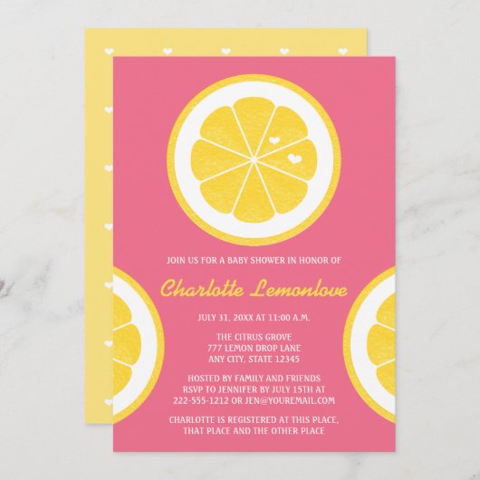 ピンクと黄色のレモンをテーマにしたベビーシャワー 招待状 (正面/裏面)