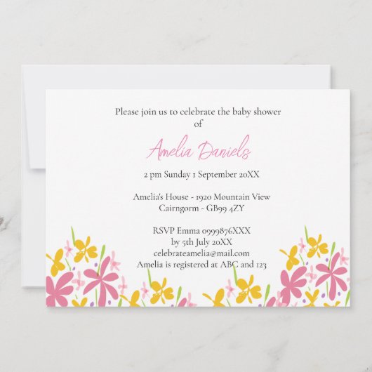 ピンクと黄色のワイルドフラワーのベビーの開花 招待状 (裏面)