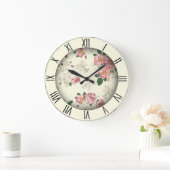 ピンクと黄色のヴィンテージフローラローマ数字 ラージ壁時計 (ホーム)