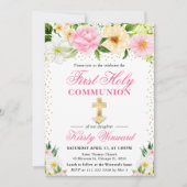ピンクと黄色の夏の花の最初の聖餐式 招待状 (正面)