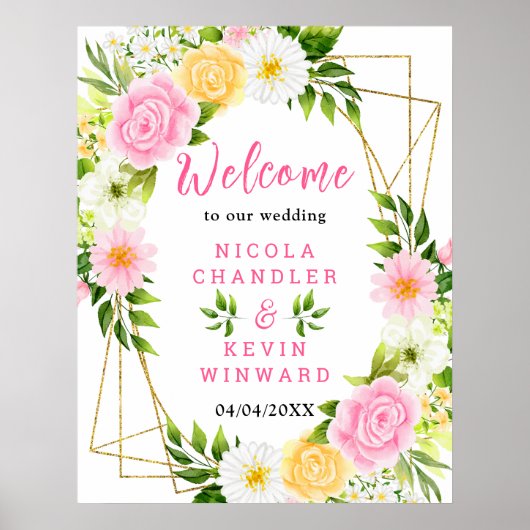 ピンクと黄色の夏の花の結婚式ウェルカムサイン ポスター (正面)